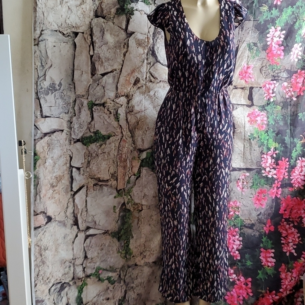 NWT COLLECTIVE CONCEPTS Jumpsuit Navy Blue Printed V-neck Pants Set Size XS